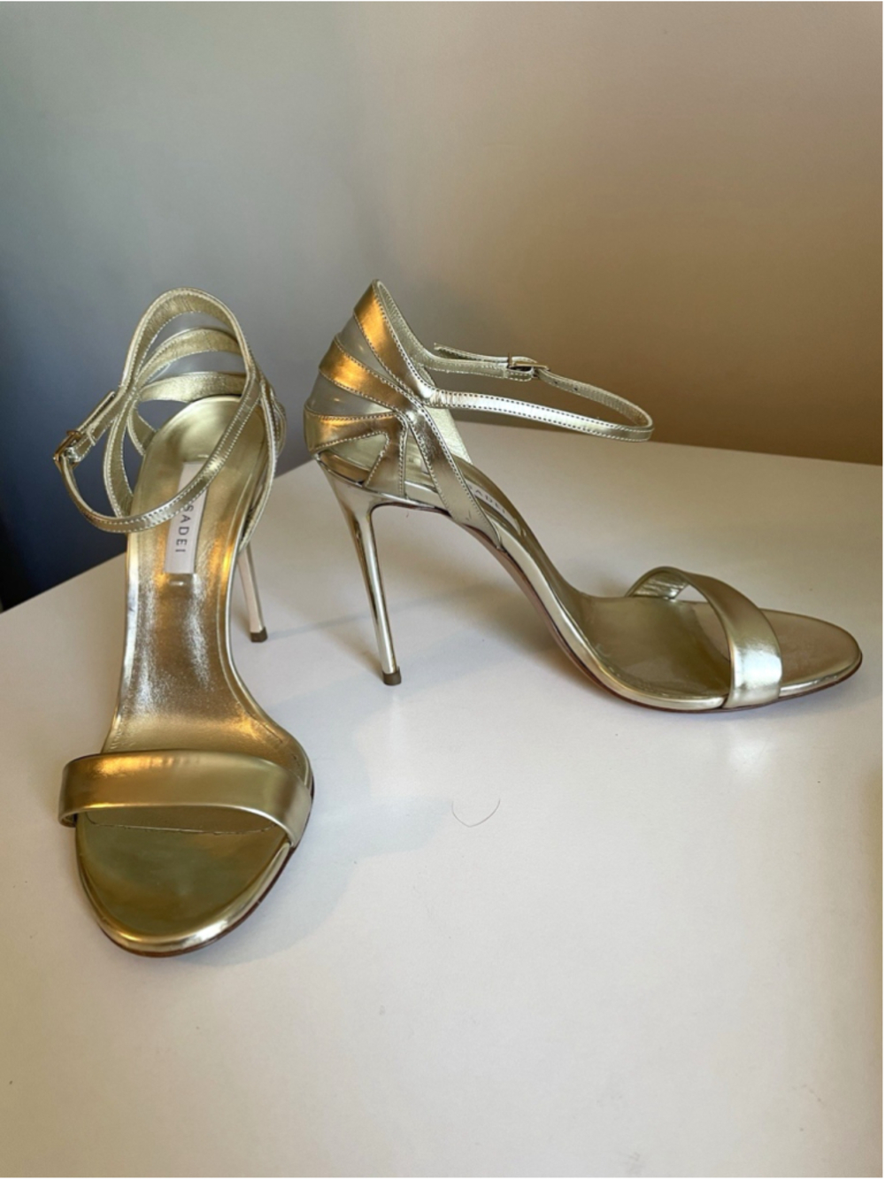 Casadei Metallic Gold Leather Heels Sandals Women's Sz 38 US 7.5